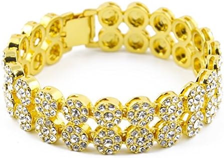 ZHZR Full Diamond 2 Row Round Bracelet, European and American Popular Hip-hop Men's Bracelet 8 inch Saudi Gold Jewelry Bangle