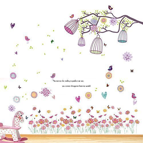 Walplus Wall Stickers Huge Birdcage Pink Flower Removable Self-Adhesive Mural Art Decals Vinyl Home Decoration DIY Living Bedroom Office Décor Wallpaper Kids Room Gift, Multi-colour