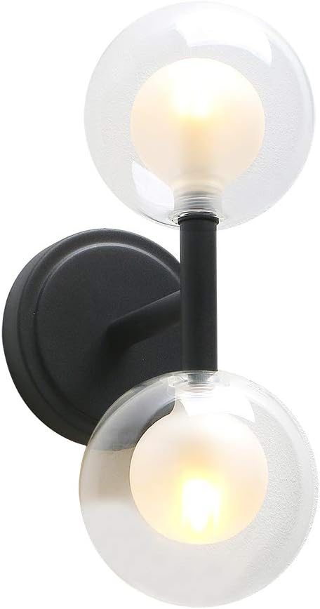 Phansthy Retro Industrial Wall Light Double-Headed Double Layer Glass Shades Sconces Straight Pole Transparent 12cm Small Globe Glass Lampshade Wall lamp for Vanity Mirror Bedroom (Black) - Image 3