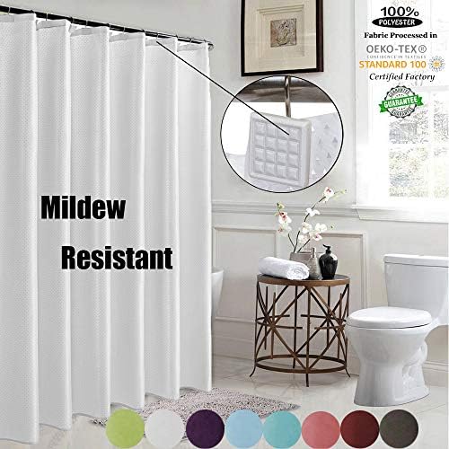 ROYACOR Fabric Shower Curtain with 12 Polyresin Hooks, Water-Repellent Rustproof Bath Curtain, 72x72 Non Toxic 100% Durable Polyester Shower Curtain Liner, Machine Washable,Easy to Install-White
