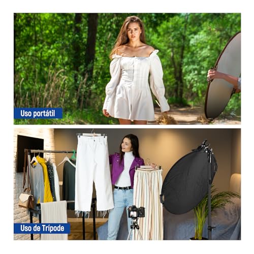 Neewer - Reflector de luz de 110 cm con Abrazadera y empuñaduras de Mano, Reflector Plegable 5 en 1, multidisco, translúcido, Plateado, Dorado, Blanco/Negro con Rosca de 3/8 Pulgadas para iluminación