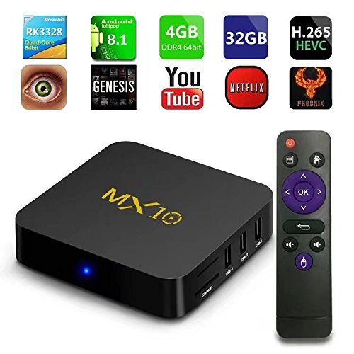 TV Box - MX10 Android 8.1 TV Box 4GB + 32GB with Rockchip RK3328 Quad-Core 64 Bits Support 2.4G WiFi 100M LAN 3D 4K HDR Smart TV Box