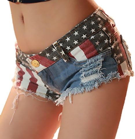 Kurop Women's Low-Rise American Flag Print Hot Pants Shorts Sexy Denim Short Pants (M)