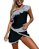 Elapsy Womens Ruffle One Shoulder Tankini Top And Black Pantskirt Swimsuit