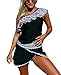 Elapsy Womens Ruffle One Shoulder Tankini Top And Black Pantskirt Swimsuit
