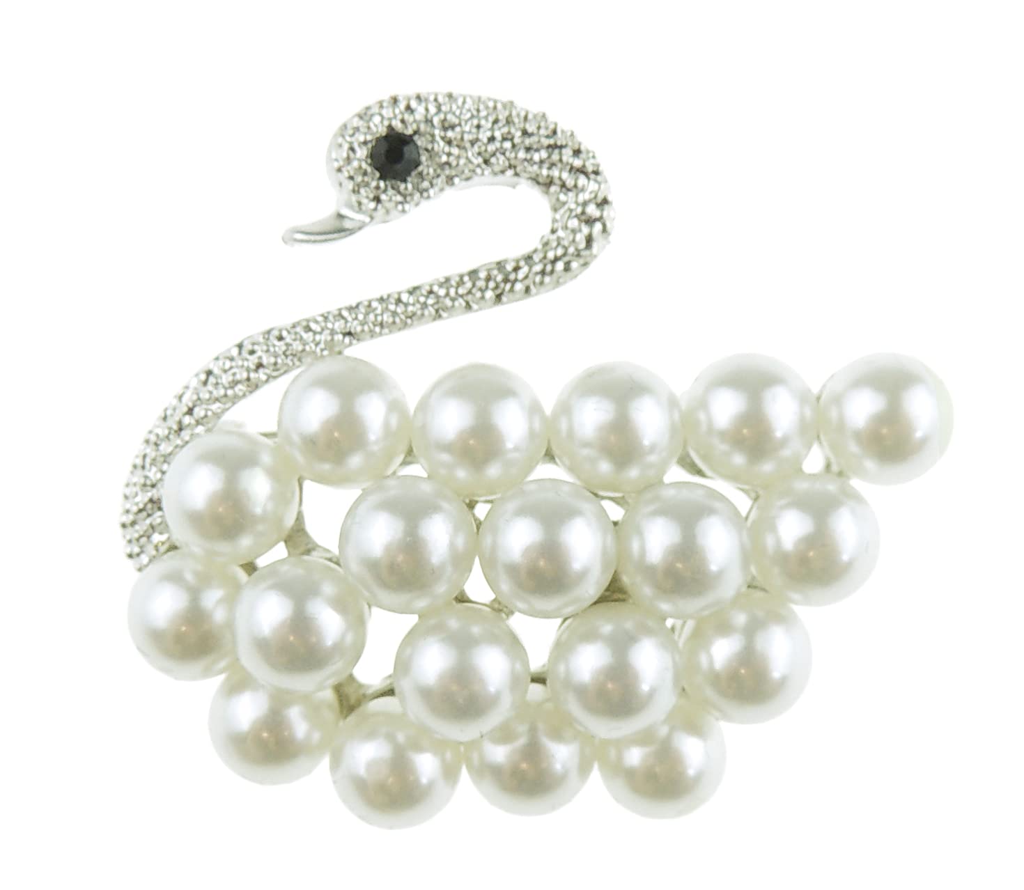Sparkly Diamante Crystal Regal Swimming Swan Bird Faux Pearl Brooch (Silver Tone)