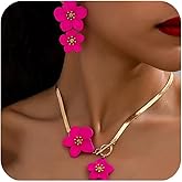 LANWLOSI Hot Pink Flower Necklace Earrings Set Chic Pink Flower Pendant Toggle Clasp Necklace Layered Floral Petal Drop Earrings Hawaii Seaside Holiday Jewelry Accessories Gift for Her