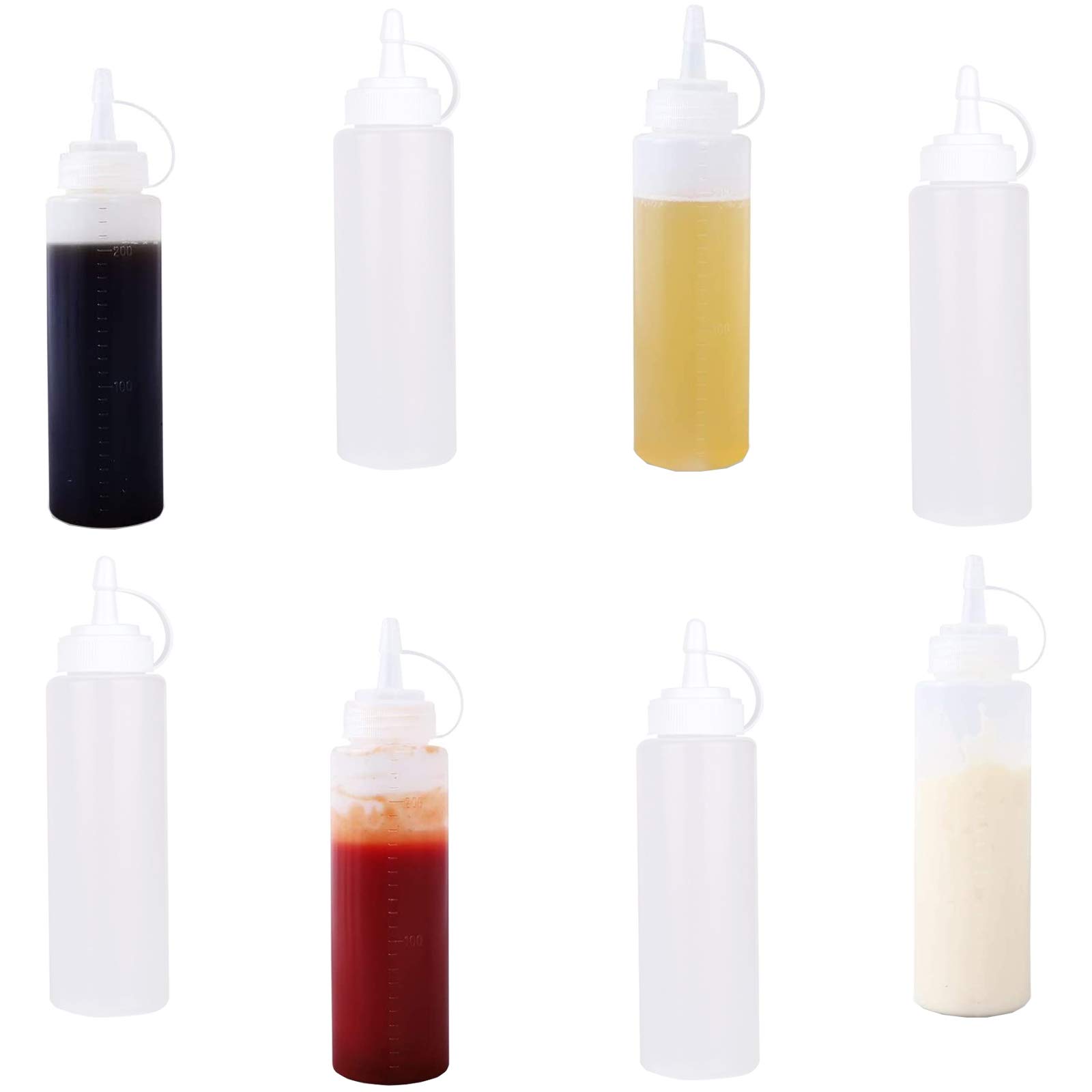 8 Pieces 8 Oz Plastic Squeeze Squirt Condiment Bottles with Cap, Tick Marks Squeeze Bottle for Condiment, for Home and Restaurant' Ketchup, Mustard, Mayo, Dressings, Olive Oil, BBQ Sauce(240 ml)