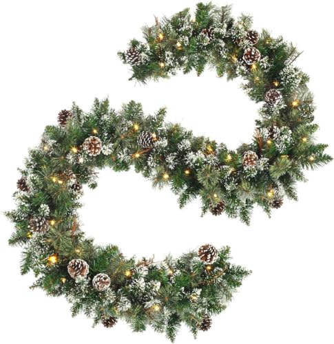 HiBean 9 FT Prelit Christmas Garland with Pine Cones, Artificial Snowy Pine Garland for Christmas 50 Battery Operated Warm Lights and Timer Xmas Garlands Decor Indoor Outdoor