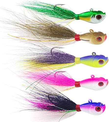 Cynthia Sweet Bucktail Jig Fishing Lures Fluke - 5PCS Fishing Baits Kit Saltwater Freshwater Assorted Jig Surf Fishing for Black Bass, Ling Cod, Bluefish and Sharks