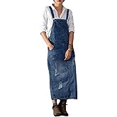 Yoeasy Women's Distressed Denim Overall Dress - Adjustable Strap Pinafore A-Line Mid Long Jean Bib