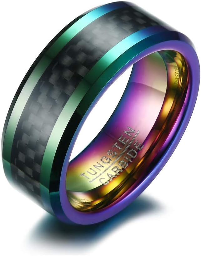 Mealguet Jewelry 8MM Rainbow Colorful Carbon Fiber Inlay Beveled Edge Tungsten Carbide Wedding Ring Band for Men,Size 10