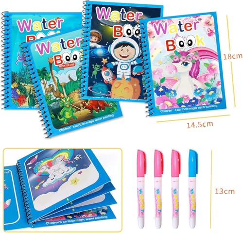 DMG 4 Pack Cartoon Water Coloring Magic Book With Water Pen, Toddlers Kids Reusable Painting Unicorn Animal Cartoon Coloring Book Boys Girls Educational Learning Toys Gifts