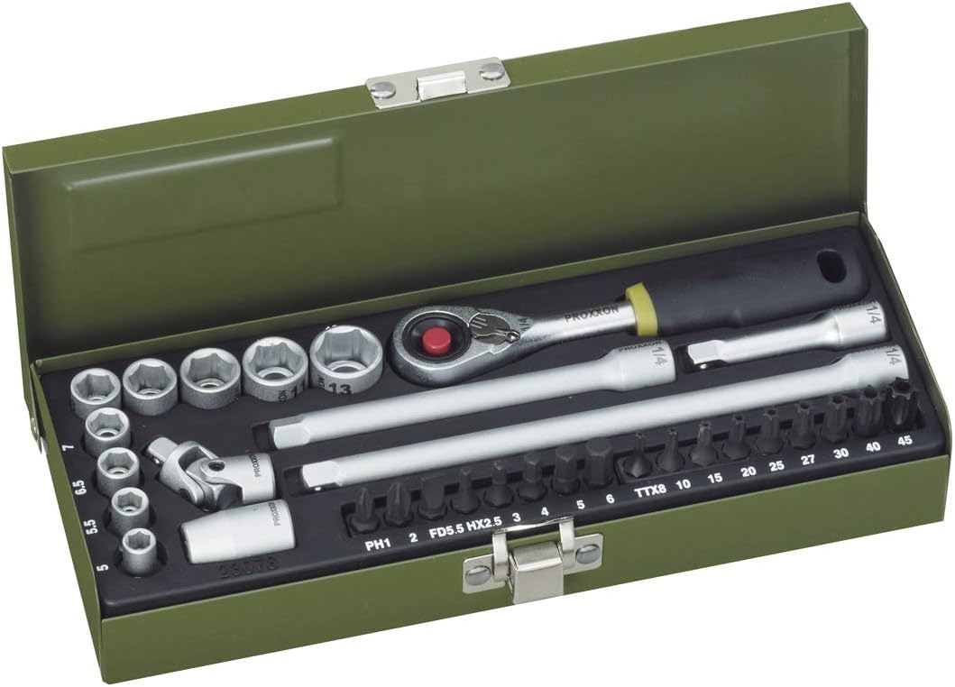 PROXXON 23078 Precision Mechanics Set with Micro Compact Ratchet 6.3 mm (1/4 Inch) and Strong Magnetic Insert 32-Piece Tool Set with Steel Box