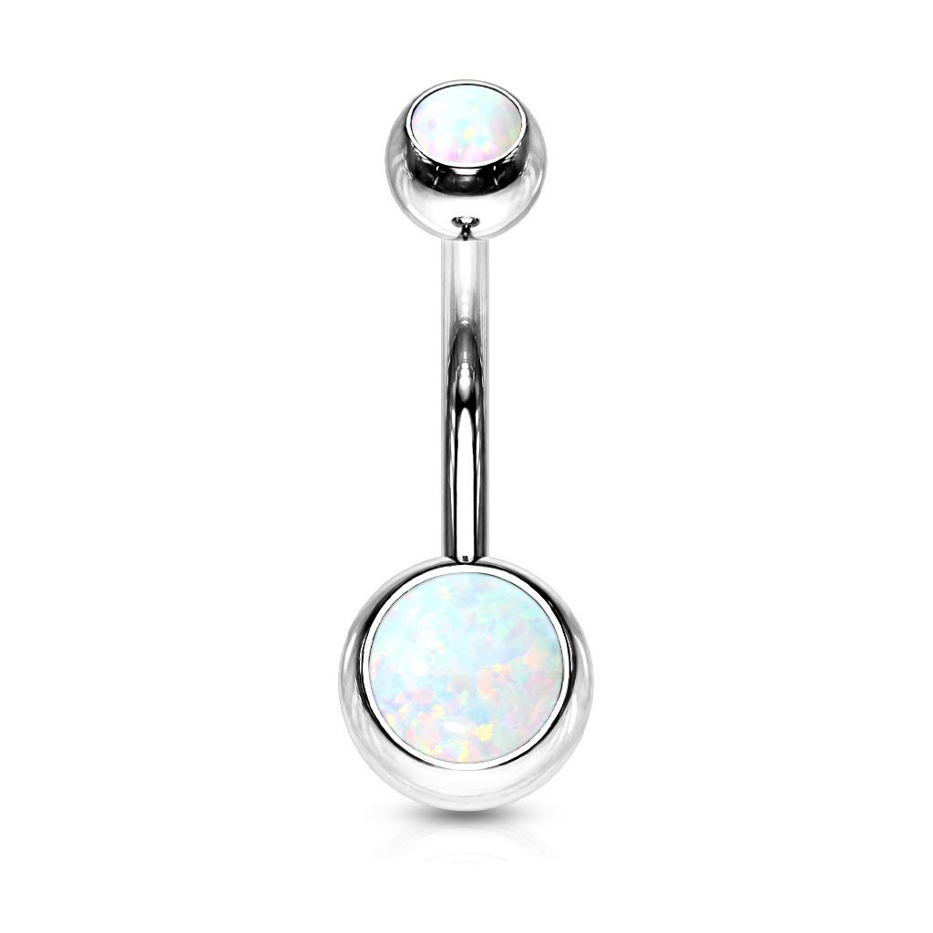 PiercedOff 316L Surgical Steel Externally Threaded Belly Bar with 2 White Synthetic Opal Balls - Thickness 14GA (1.6mm) / Length 10mm / Ball Sizes 5mm Top and 8mm Bottom