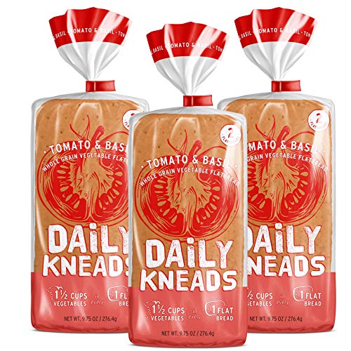 Daily Kneads Bread Whole Grain Veggie Flatbread (Tomato & Basil, 3-Pack) | 2 Vegetable Flatbreads per pack, 6 flatbreads total (29.25 oz) | Baked with wholesome all-natural, non-GMO ingredients