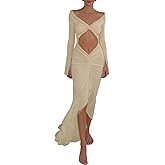 Floerns Women's Beach Vacation Mesh Sheer V Neck Maxi Dress Frill Hem Bodycon Cut Out Front Long Sleeve Dress