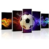 iLOOKLiKE 5 Panels Soccer Ball with Gold and Purple Fire on Black Backdrop Canvas Prints Wall Art Sports Themed Picture Posters for Boys Bedroom Football Canvas Artwork Home Office Wall Decor