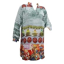 Mogul Women's Hippie Tunic Top Printed Georgette Mandarin Collar Shirt Kurti Ethnic Wear M