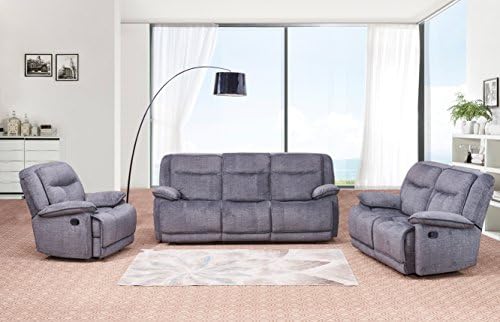 Betsy Furniture 3-PC Microfiber Fabric Recliner Set Living Room Set in Grey, Sofa Loveseat Chair Pillow Top Backrest and Armrests 8006-321