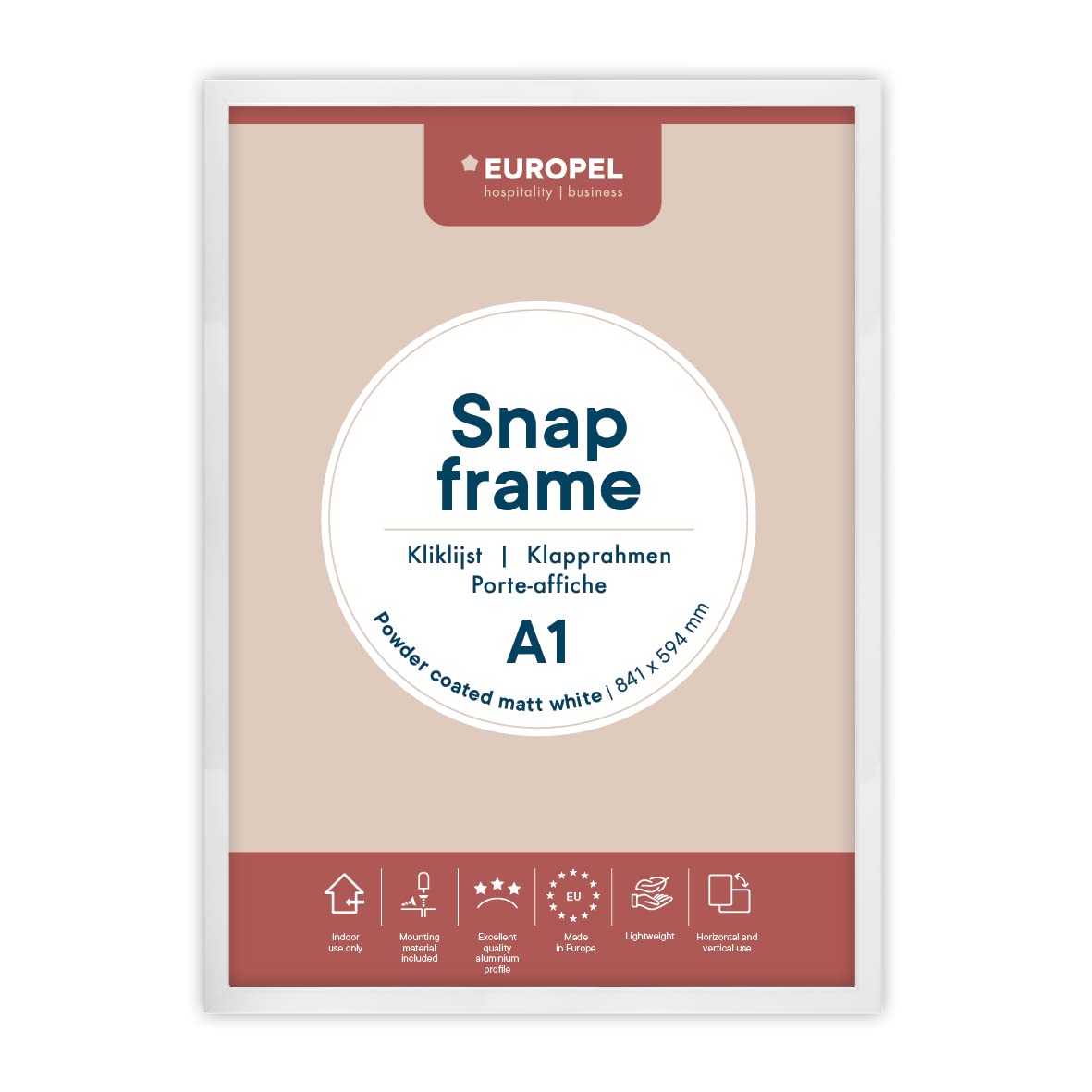 EUROPEL lightweight Snap frame A1, matt white powder-coated finish, Profile 25x11 mm, Anodized aluminum, anti-reflective protector, External dimensions 625x872 mm, Grey polystyrene back — image 1