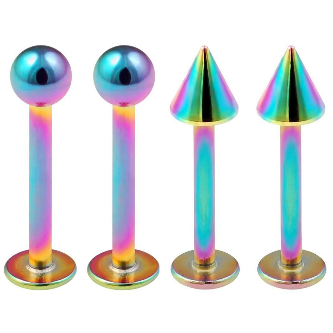Bling Piercing 4pc 16g 1.2mm Stainless Steel Labret Bar Rainbow Lip Rings Ball Spike Tragus Helix Earrings 10mm