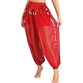 Women's Belly Dance Pants Elastic Wasited Coin Lantern Pants Side Split Sequin Shiny Harem Arabian India Performance Trousers