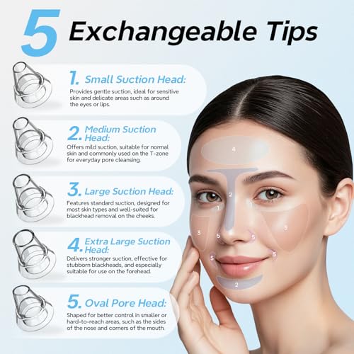 Mylzdobs Blackhead Aspirator for Facial Cleansing, Blackhead Remover with 5 Heads and 3 Suction Levels, Portable Electric Blackhead Remover with USB Charging for All Skin Types