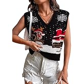 JULYCLO Christmas Sweater Vest Women Ugly Xmas Reindeer Knit Sweaters Casual Santa Snowflake V Neck Sleeveless Outwear Tops