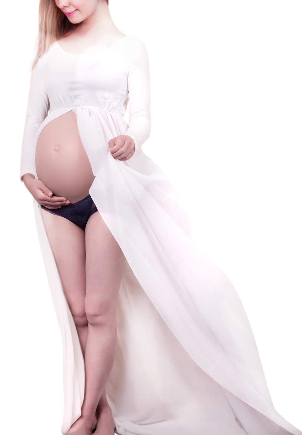 Gititlys Women\'s Maternity Photography Gown Chiffon Split Front Off Shoulder Long Sleeve Maxi Pregnancy Dress For Photo Shoot White