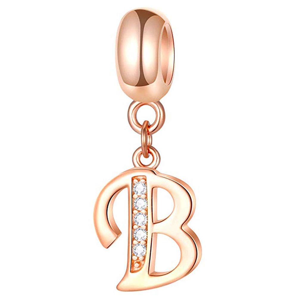 925 Sterling Silver Rose Gold Charm Alphabet Charm Love Charm Anniversary Charm Birthday Charm for Pandora Charm Bracelet (B)