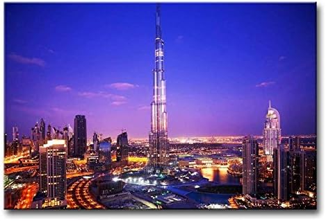 AntonioNoel Wall Art Painting Burj Khalifa Dubai With Nice Night Scene Print On Canvas Giclee Wooden Framed 12X16 Inch