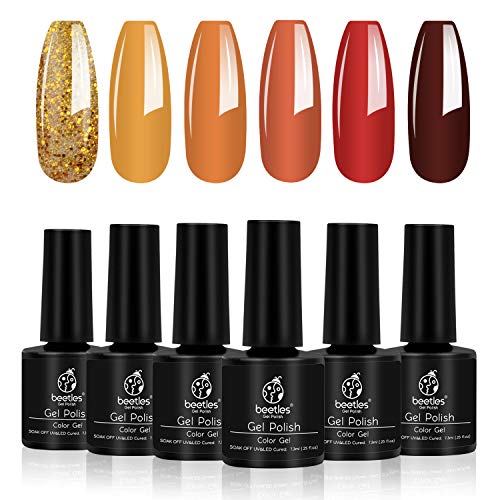 Beetles Gold Yellow Red Gel Polish Set, 6 Colors Pumpkin Spice Autumn Fall Orange Glitter Gel Nail Polish Soak Off UV Nail Lamp LED Cured, 7.3ml Each Bottle for Nail Art