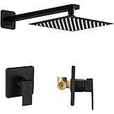Heable Matte Black Shower Faucet Set, Single Function Shower Trim Kit with Rough-in Valve, Square Rain Shower Head System Included Extra Long Shower Arm for Bathroom