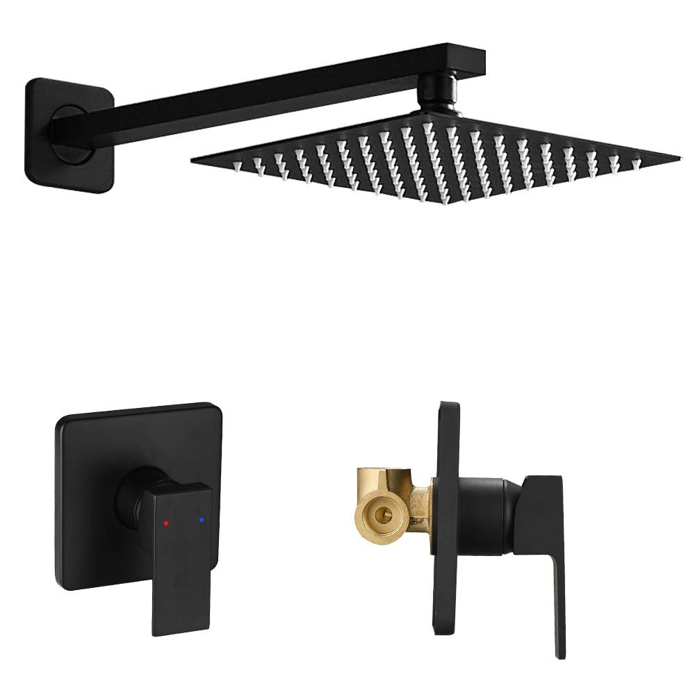 Photo 1 of Heable Matte Black Shower Faucet Set, Single Function Shower Trim Kit with Rough-in Valve, Square Rain Shower Head System Included Extra Long Shower Arm for Bathroom