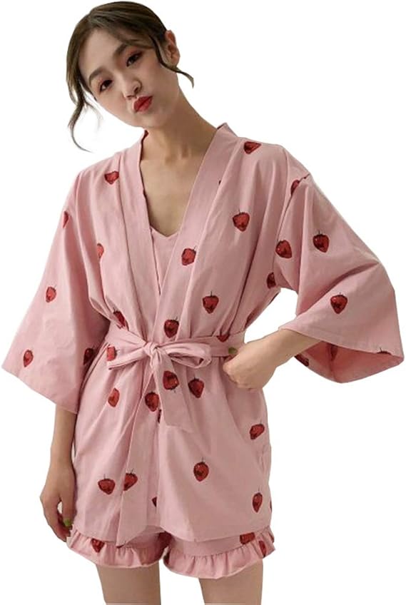 Amazon パジャマ ルームウェア レディース イチゴ柄3点セット キャミソール カーディガン シンプル ボトムス 部屋着 トップス ボトムス ナイトウェア 寝巻き ピンク パジャマ ルームウェアセット 通販