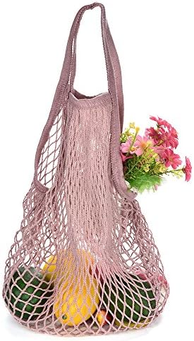 LOVEER Woven Shoulder Bag Washable Tote for Storage Resuable Environmental Friendly Foldable Mesh Net Grocery Bags with Short Handle (Short Handle Purple)