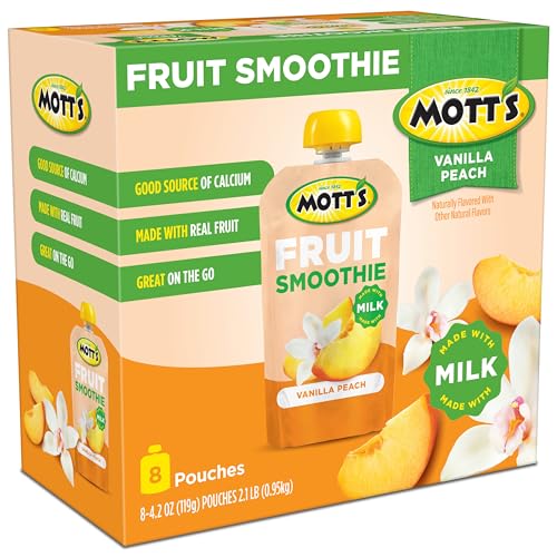 MOTT’S FRUIT SMOOTHIES VANILLA PEACH, 4.2 OZ CLEAR POUCHES, 8 PACK, MADE WITH MILK, MADE WITH REAL FRUIT, GOOD SOURCE OF CALCIUM, ON-THE-GO