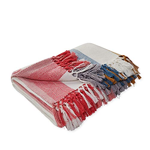 MOTINI 100% Cotton Multi-Colored Throw Blankets, Herringbone Red Striped Soft Cozy Decorative Blankets with Tassels…