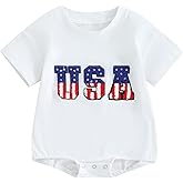 FEIBEL 4th of July Baby Outfit Infant Boy Girl Bubble Romper USA Embroidery Short-Sleeve Crewneck One-Piece Holiday Outfit