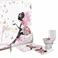 Amagical Flower Fairy Girl with Butterfly 16 Piece Bathroom Mat Set Shower Curtain Set Bathroom Mat Contour Mat Toilet Cover Fabric Waterproof Bathroom Curtain with 12 Hooks (Flower Fairy Girl)