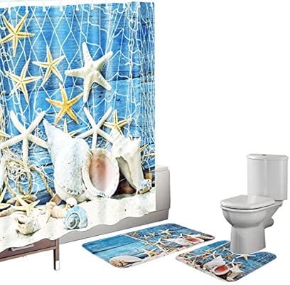 Bearbae 15 Pieces Bath Mat Set Shower Curtain Set Non Slip Blue