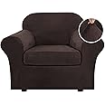 H.VERSAILTEX Rich Velvet Stretch 2 Piece Chair Cover Chair Slipcover Sofa Cover Furniture Protector Couch Soft with Elastic Bottom Chair Couch Cover with Arms Width Up to 49 Inch(Chair,Brown)