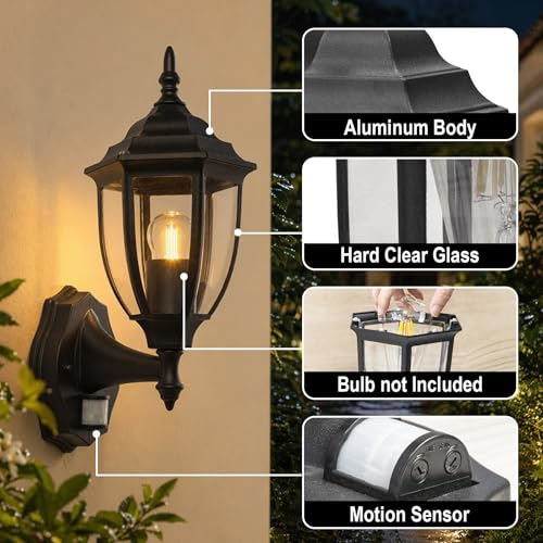 Aranzyec Motion Sensor Outdoor Wall Lights, PIR Outdoor Wall Light Mains Powered, Aluminum Outside Lantern, Waterproof Porch Light Fixtures Wall Mount for Entryway Doorway Garage, E27 Socket