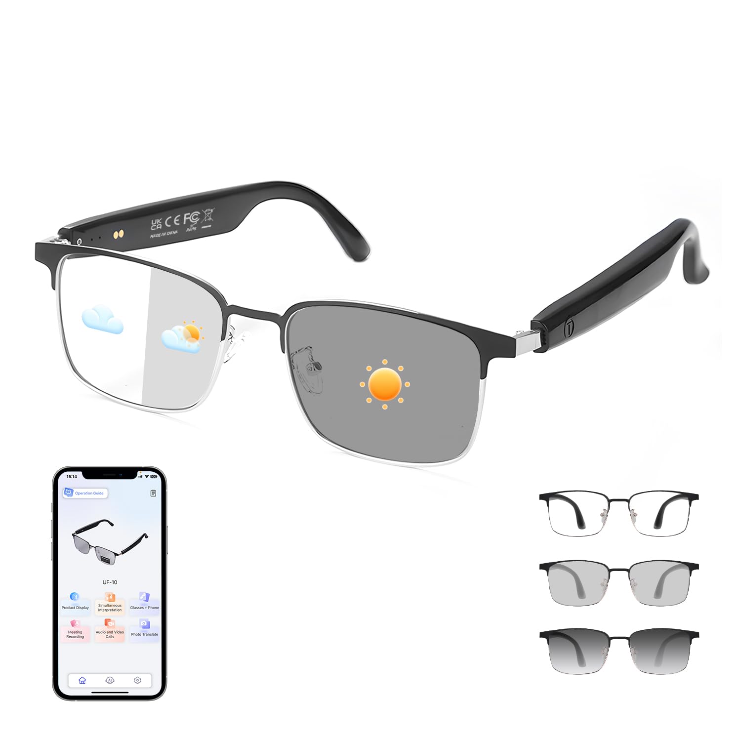 Photo 1 of *INCOMPLETE** Al Smart Glasses for Men Women - Bluetooth Translation Glasses with 169 Languages, Color-change Lenses, Photo Translation, Music & Calls, Al Vioce Assistant, Travel Meeting Business Trade - Silver