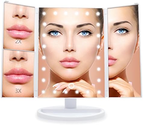 Jessie Cake - Tri Fold Makeup Vanity Mirror with 21 adjustable LED Lights, 3x/2x Magnification, Touch Screen and 180° Adjustable Rotation, Dual Power Supply, Countertop Cosmetic Mirror (Pearl White)