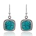 925 Sterling Silver Blue Turquoise Gemstone Dotted Edge Square Dangle Hook Earrings 1.2