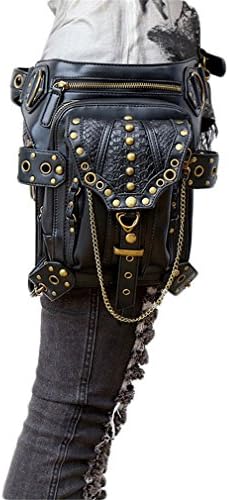 MIRUIKE Punk Waist Bags Retro Goth Leather Steampunk Shoulder Bag Leg Bag,Black