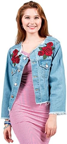 Hadari Women's Distressed Floral Print Denim Jacket