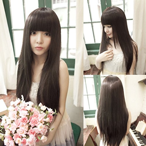 Rise World Wig 70cm Long Straight Bangs Cosplay Dark Brown Heat Friendly Wig